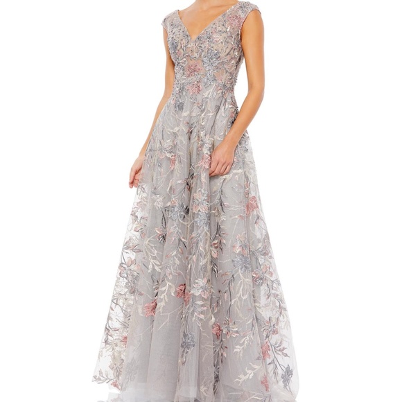 Mac Duggal Floral Embroidered Gown in Gray and Pink - Picture 1 of 8